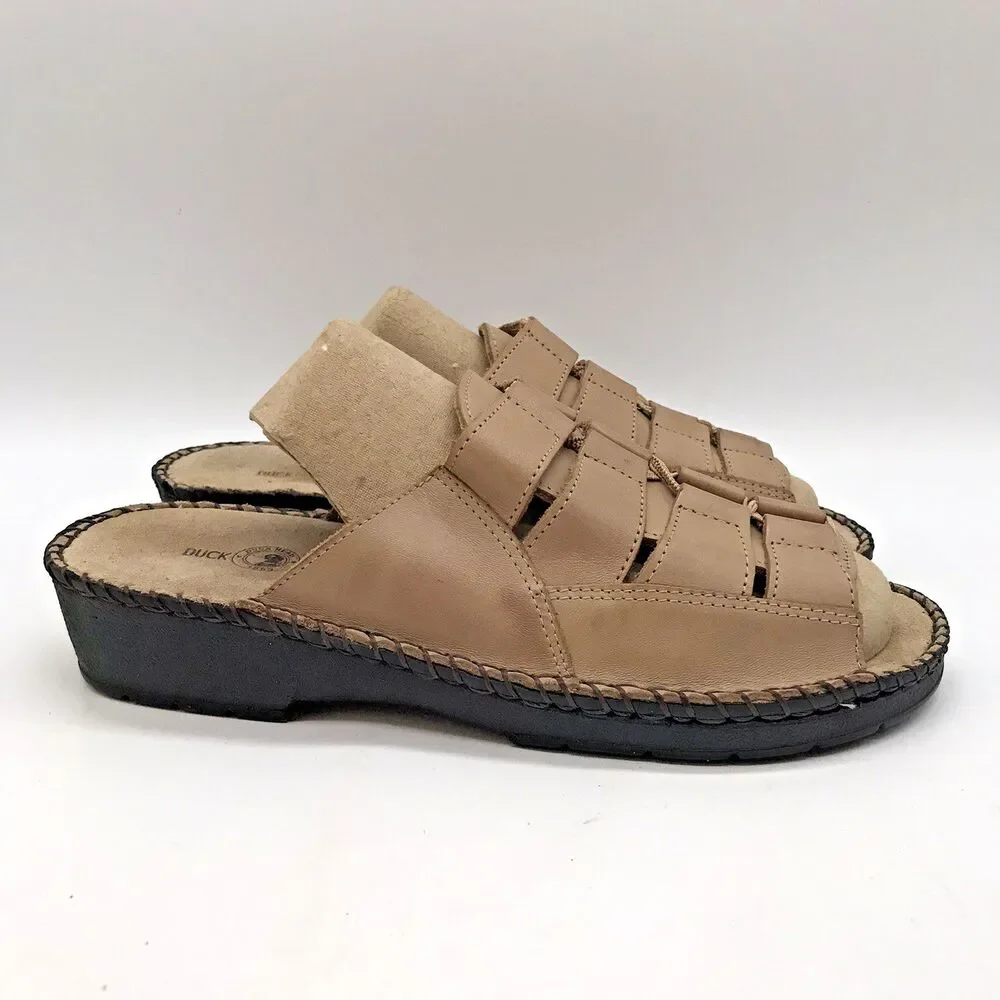 Duck Head Tan Leather Sandals Women's 7.5W Casual Comfort Wedge Slip On Slides